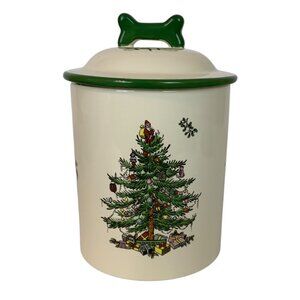 Spode Christmas Tree Ceramic Dog Treat Jar Container + Lid Holiday Discontinued
